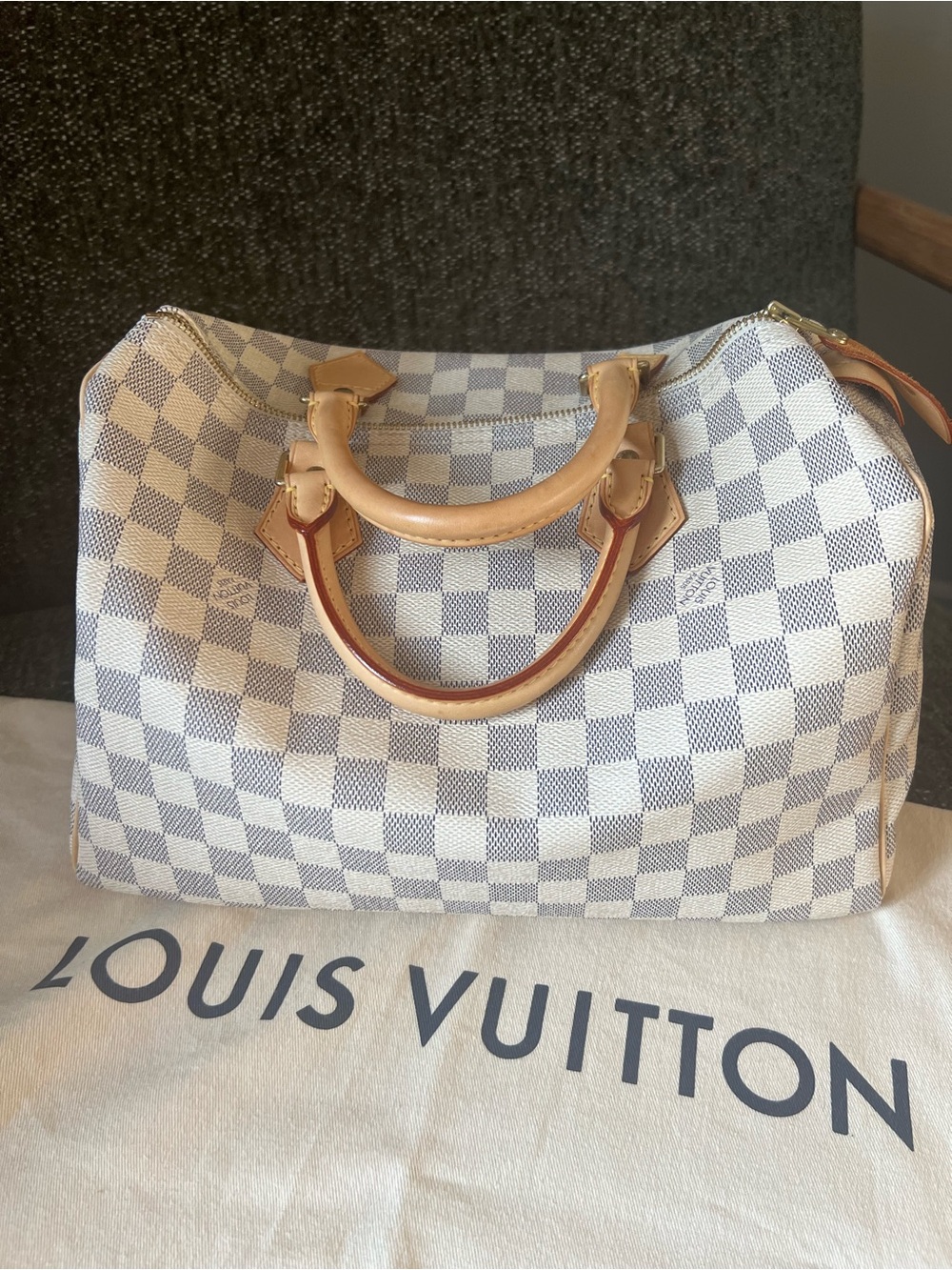 AUTHENTIC Louis Vuitton Damier Azur Speedy 30 in White and Tan - Picture 3 of 10